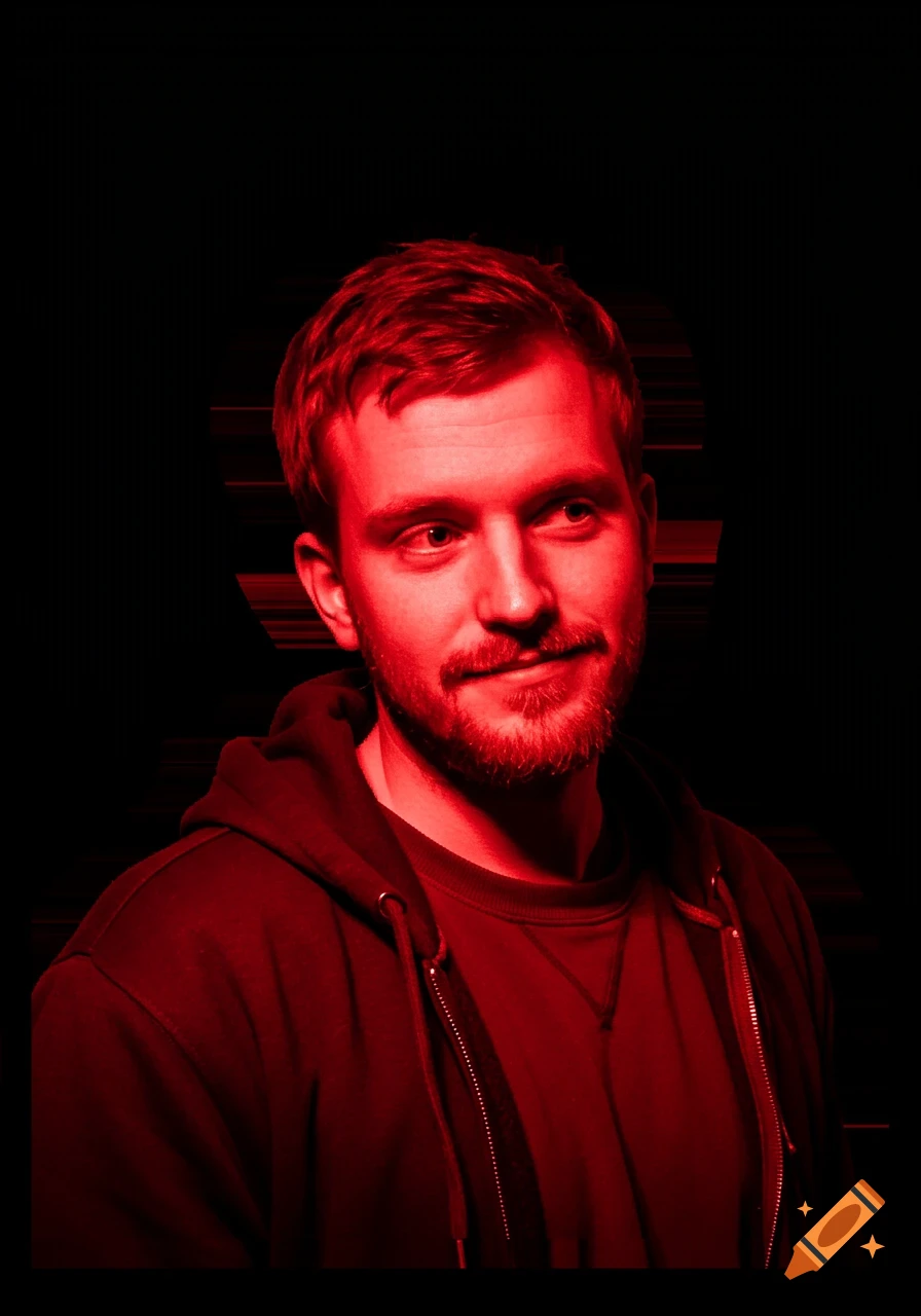 Man with reddish-brown hair and beard in a dark hoodie, smirking under harsh red light with pixelated effects.