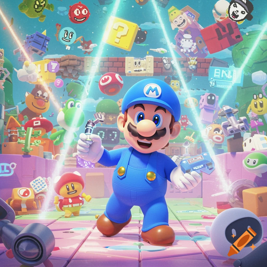 A blue-clad Mario character, inspired by SMG4, holds futuristic gadgets in a vibrant, chaotic video game-style world filled with various stylized characters and objects under glowing light beams.
