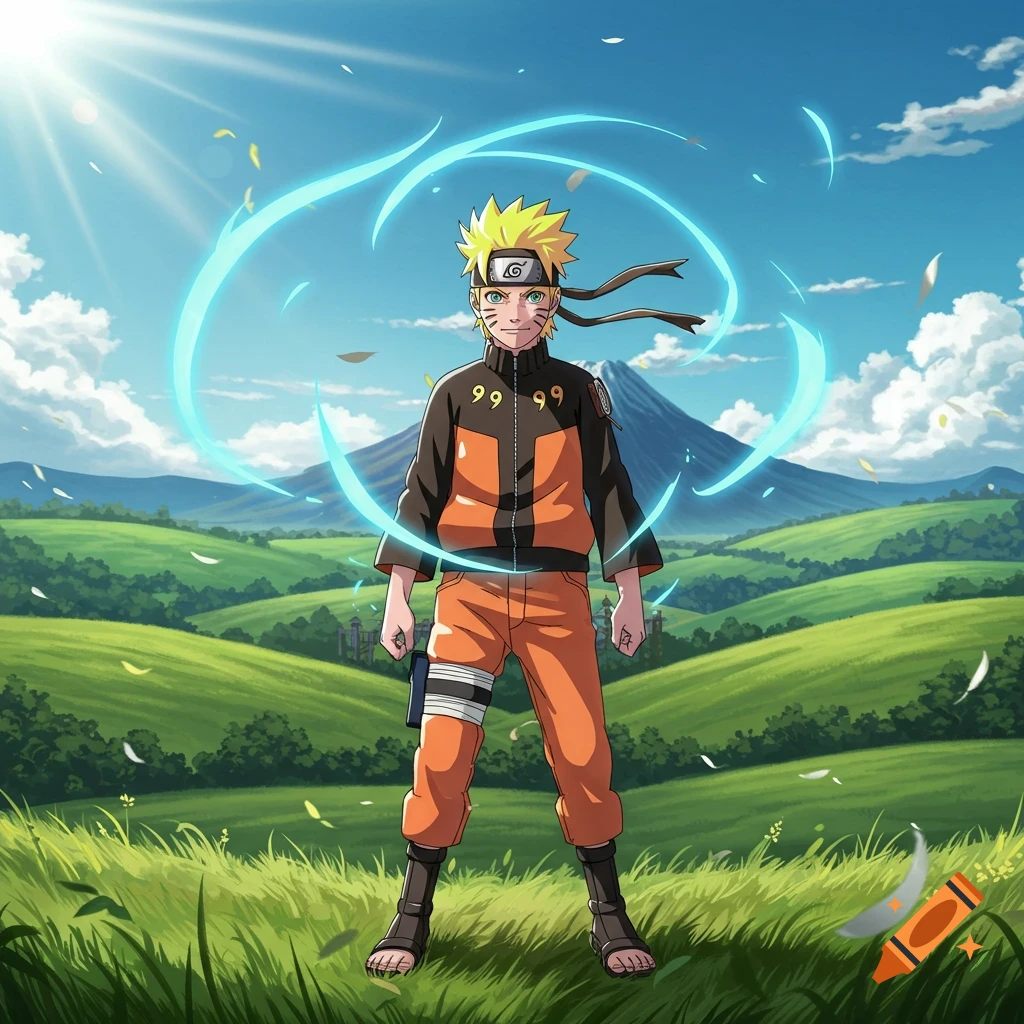 Naruto Uzumaki stands in a vibrant green field under a sunny blue sky with a glowing blue chakra ring around him.