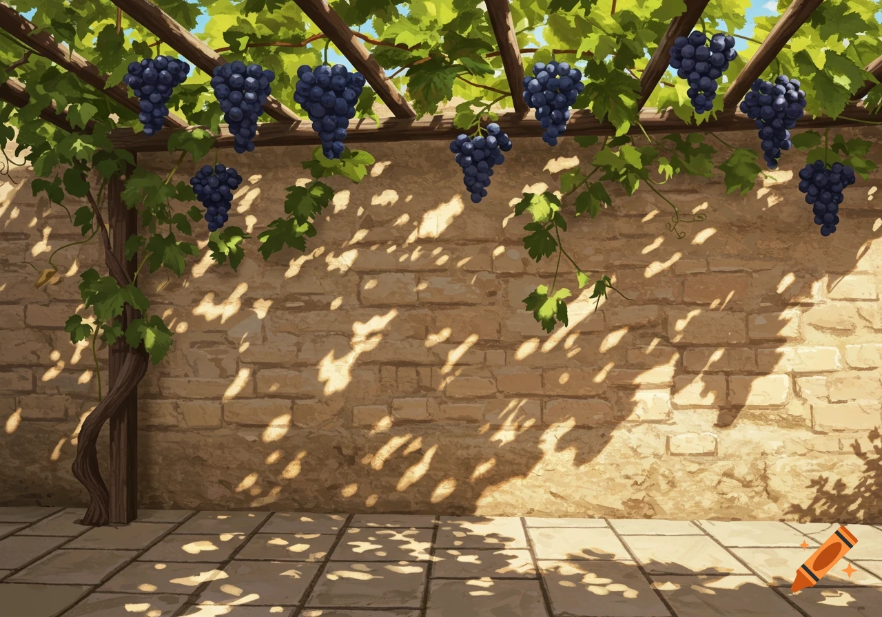 A pergola with green leaves and purple grapes casting dappled shadows on a light brown brick wall and stone patio.
