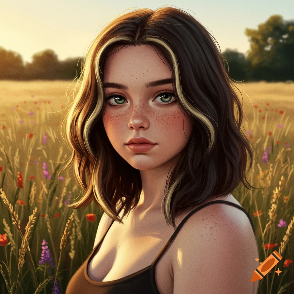 A digital art portrait of a teenage girl with dark hair, blonde highlights, green eyes, and freckles, standing in a field at sunset.