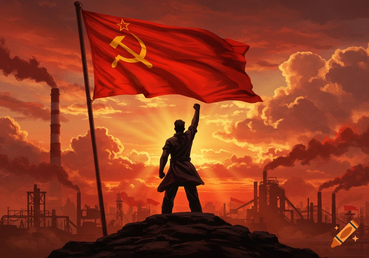A silhouetted figure raises a fist under a large Soviet flag, with industrial factories and smokestacks against an orange sunset sky.