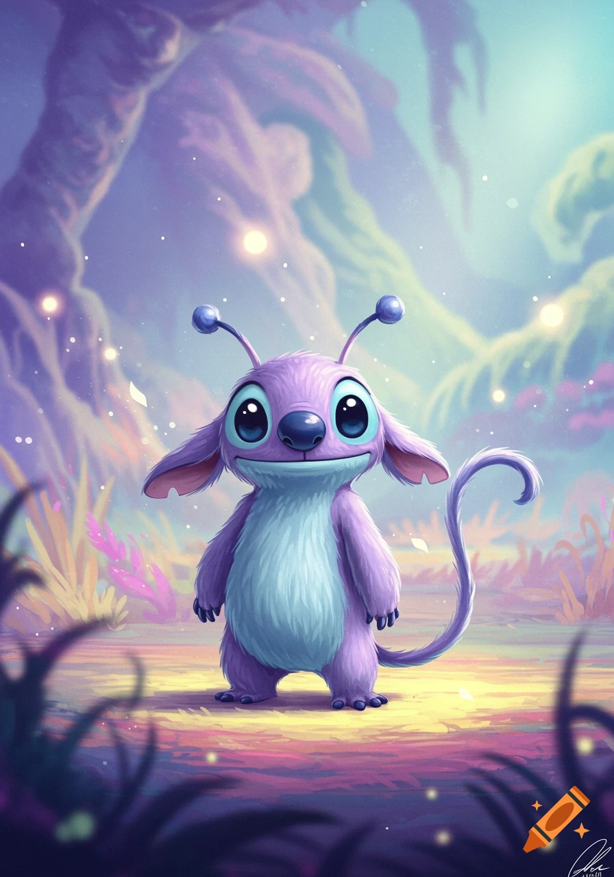 A cute lavender and silvery blue furry alien with large blue eyes and antennae stands in a vibrant, glowing purple and blue fantasy landscape.