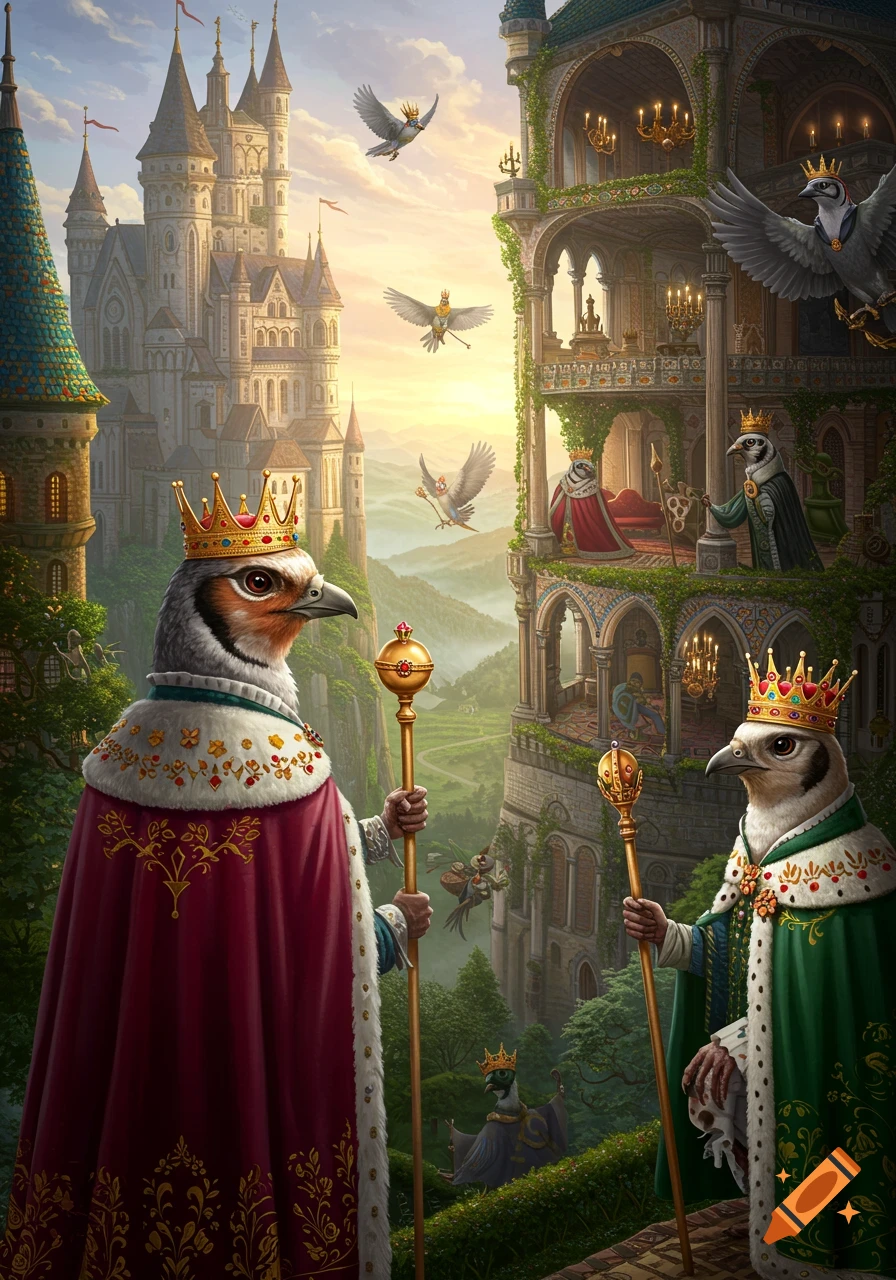 Two royal birds in crowns and capes hold scepters before a grand fantasy castle with other birds in the background.