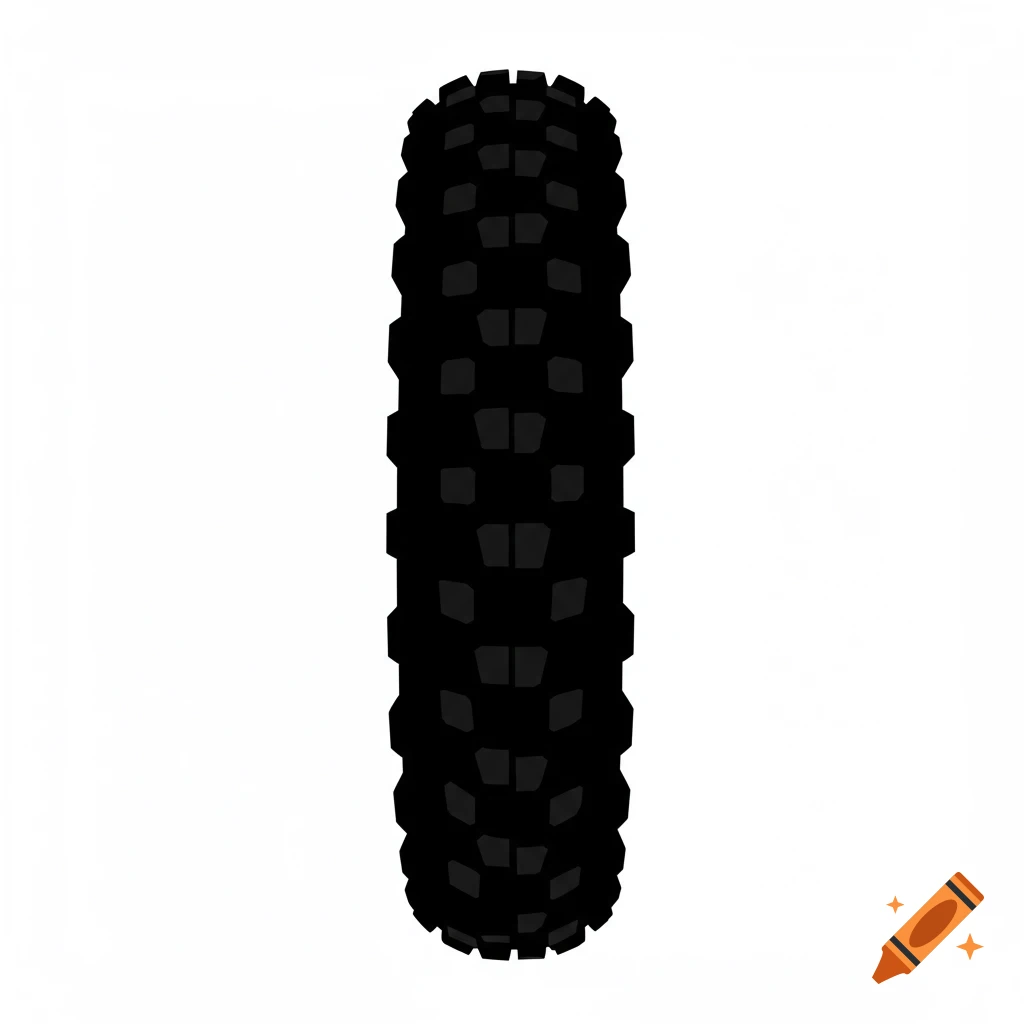 A black silhouette of a dirtbike tire with a knobby tread, viewed from the side, on a white background.