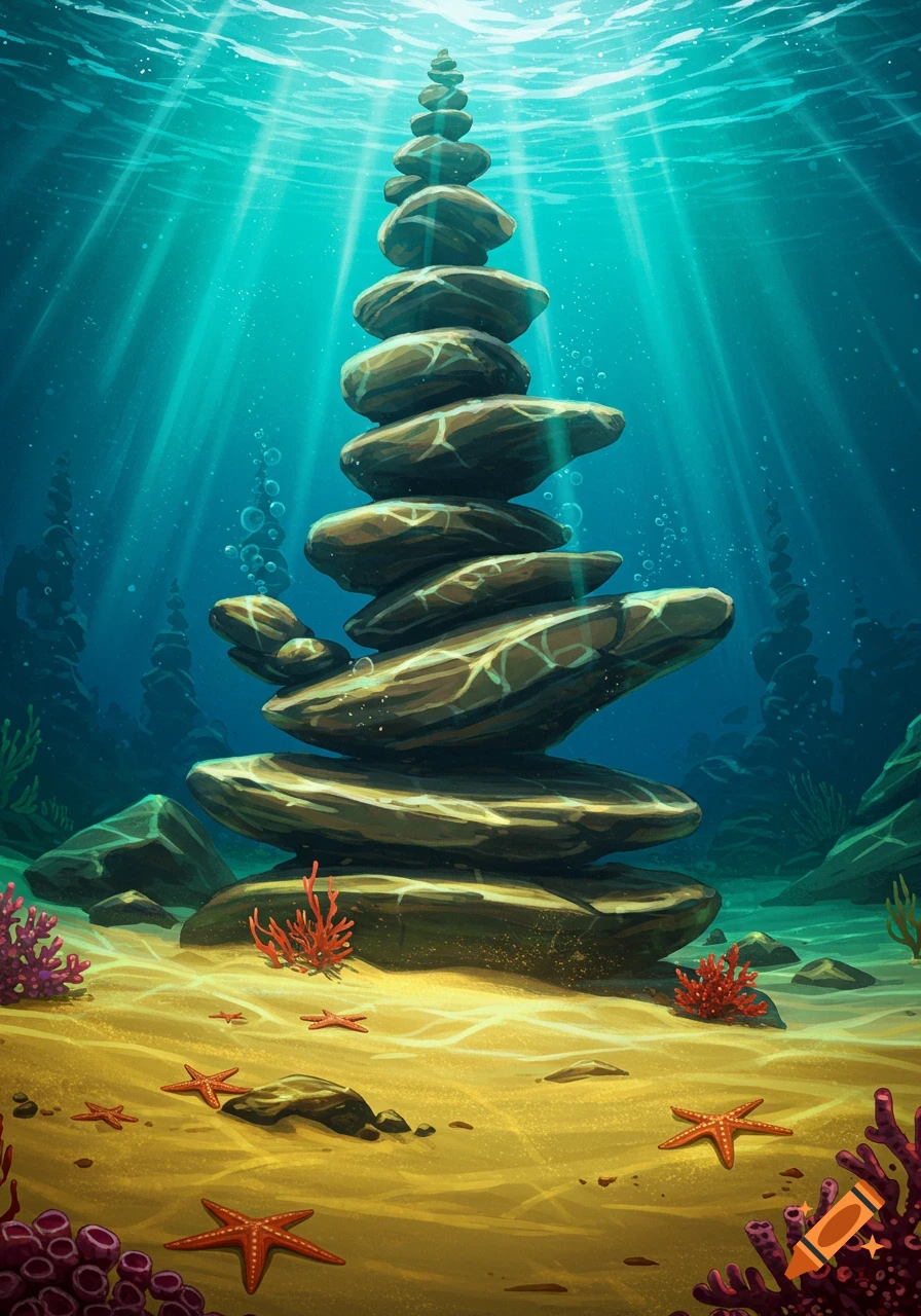 A tall cairn of stacked rocks on a sandy underwater seabed with sunlight rays, red coral, and starfish. Illustrated.