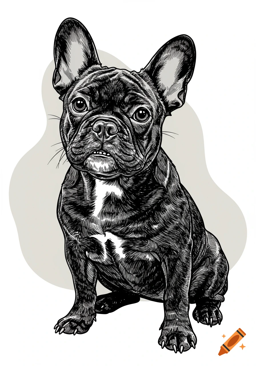 Line illustration of a black French Bulldog with a slight underbite, sitting and looking forward.