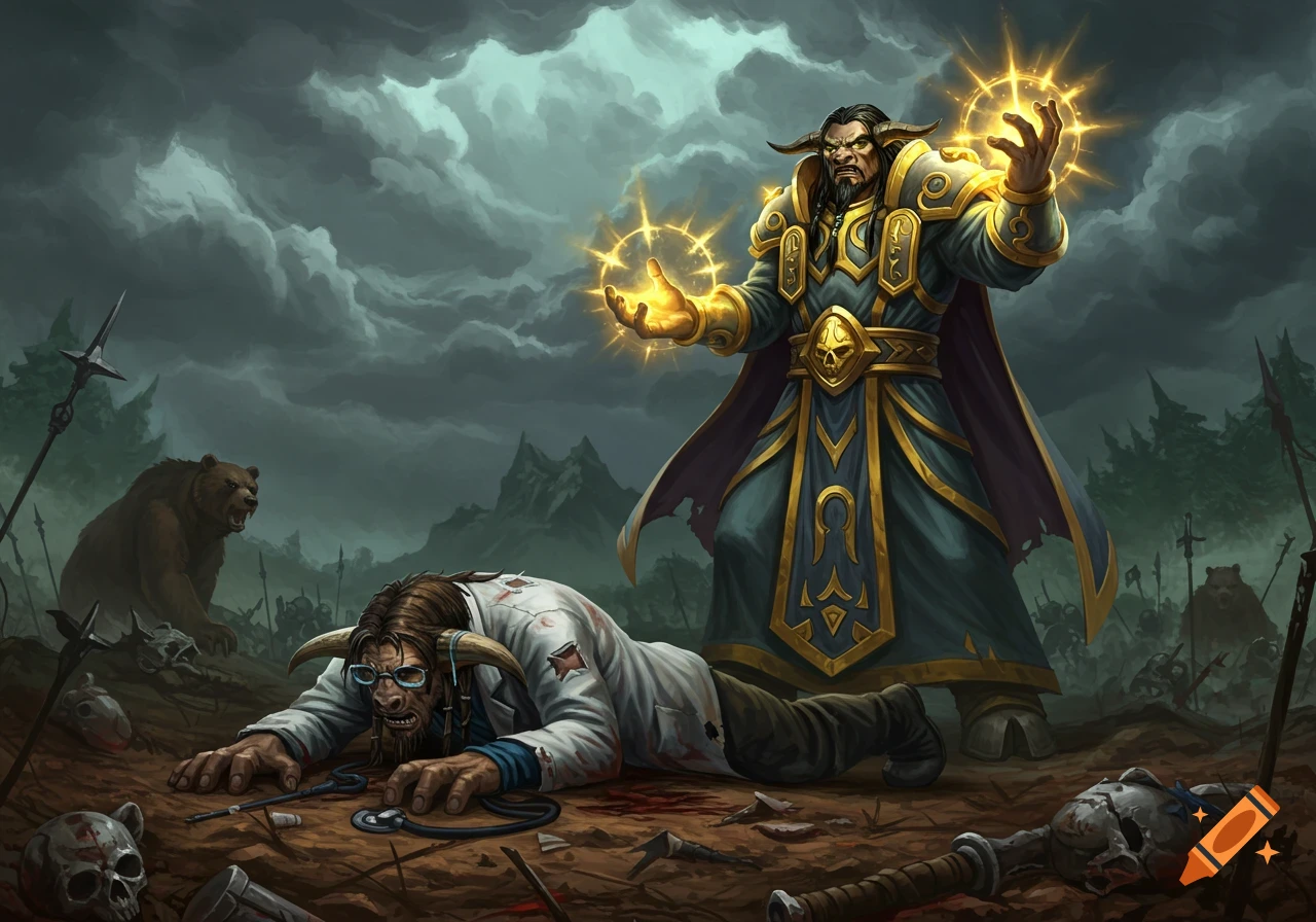 A powerful Tauren priest casts a resurrection spell over a fallen Tauren shaman on a dark, stormy battlefield, in World of Warcraft art style.