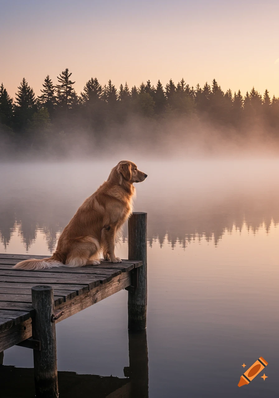 A golden retriever sits on a wooden dock by a misty lake with trees at sunrise.