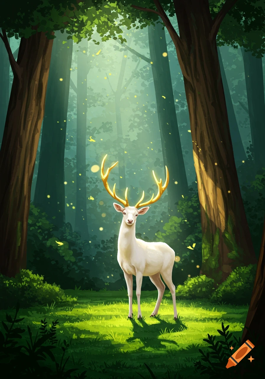 White deer with golden antlers in a mystical forest with glowing light and tall trees, in an illustrative style.