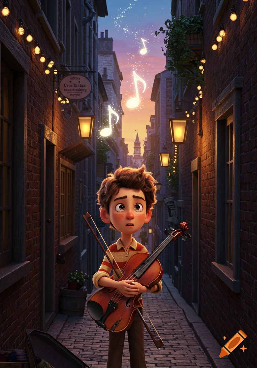 A Pixar-style animated boy holding a violin in a charming, lamp-lit city alley at dusk, looking up at glowing musical notes floating into the sky.
