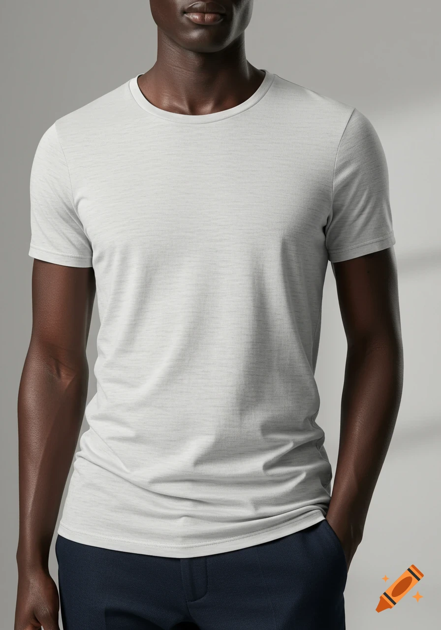 Close-up of a man wearing a light grey t-shirt and dark pants, standing with one hand in his pocket. Photorealistic style.