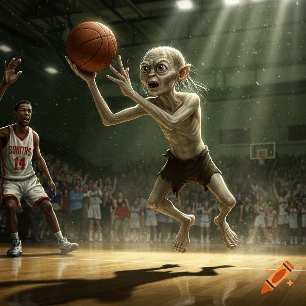 Gollum leaps with a basketball on a court, a human player defends, a crowd watches in a detailed fantasy illustration.