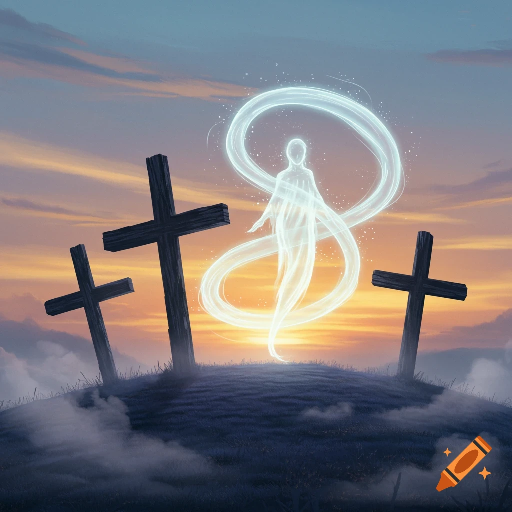 Three dark wooden crosses stand on a grassy hill with a glowing, ethereal human-like spirit figure and a light trail against an orange and blue sunset sky.