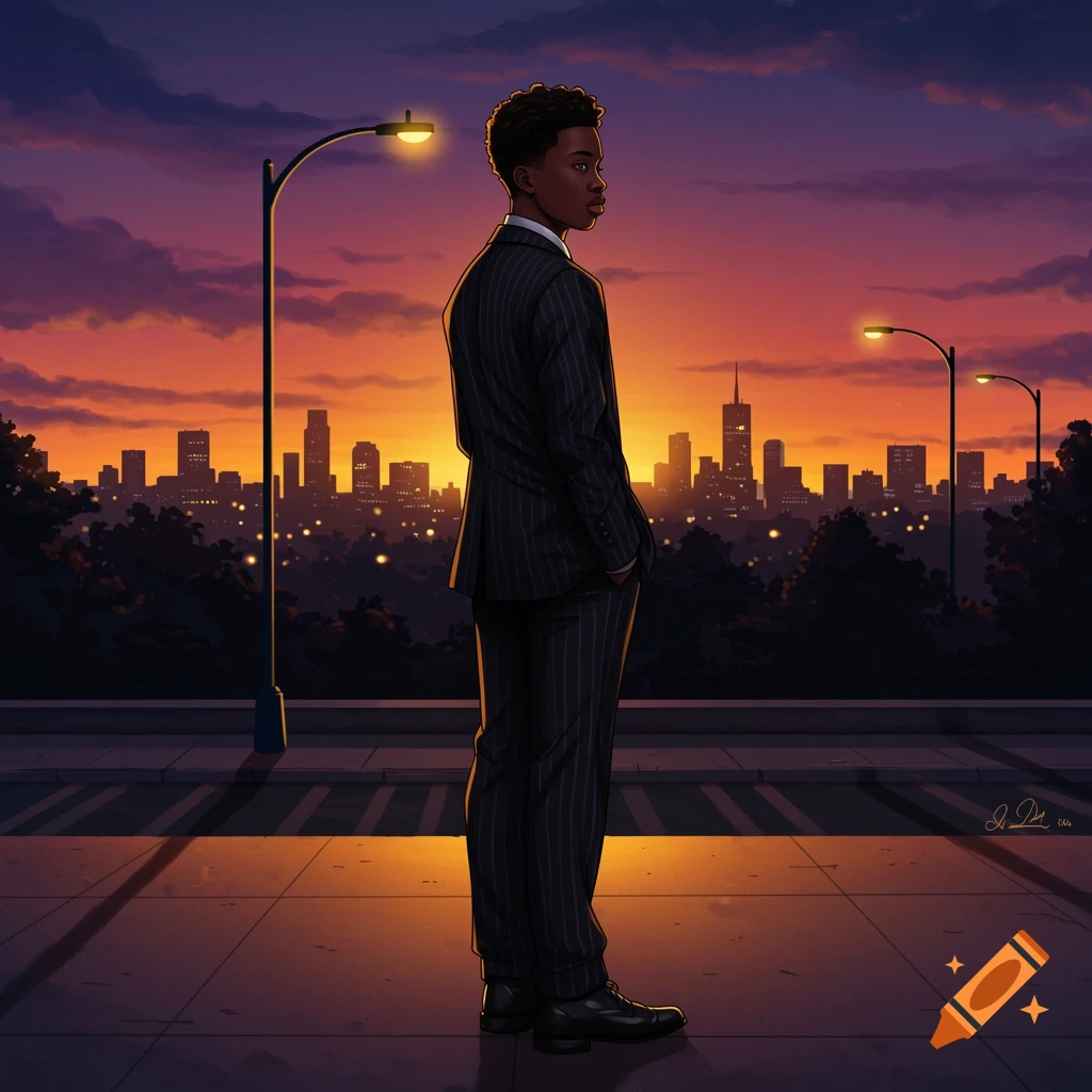 An illustration of a young Black man in a pinstripe suit standing on a city street, looking over his shoulder at a sunset skyline.