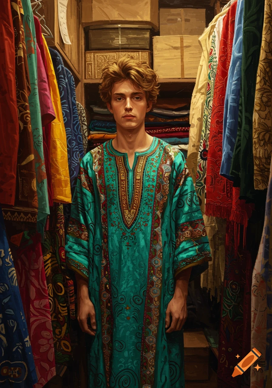 A young man with brown hair wears an ornate teal dashiki, standing in a closet full of colorful patterned fabrics. Painted style.