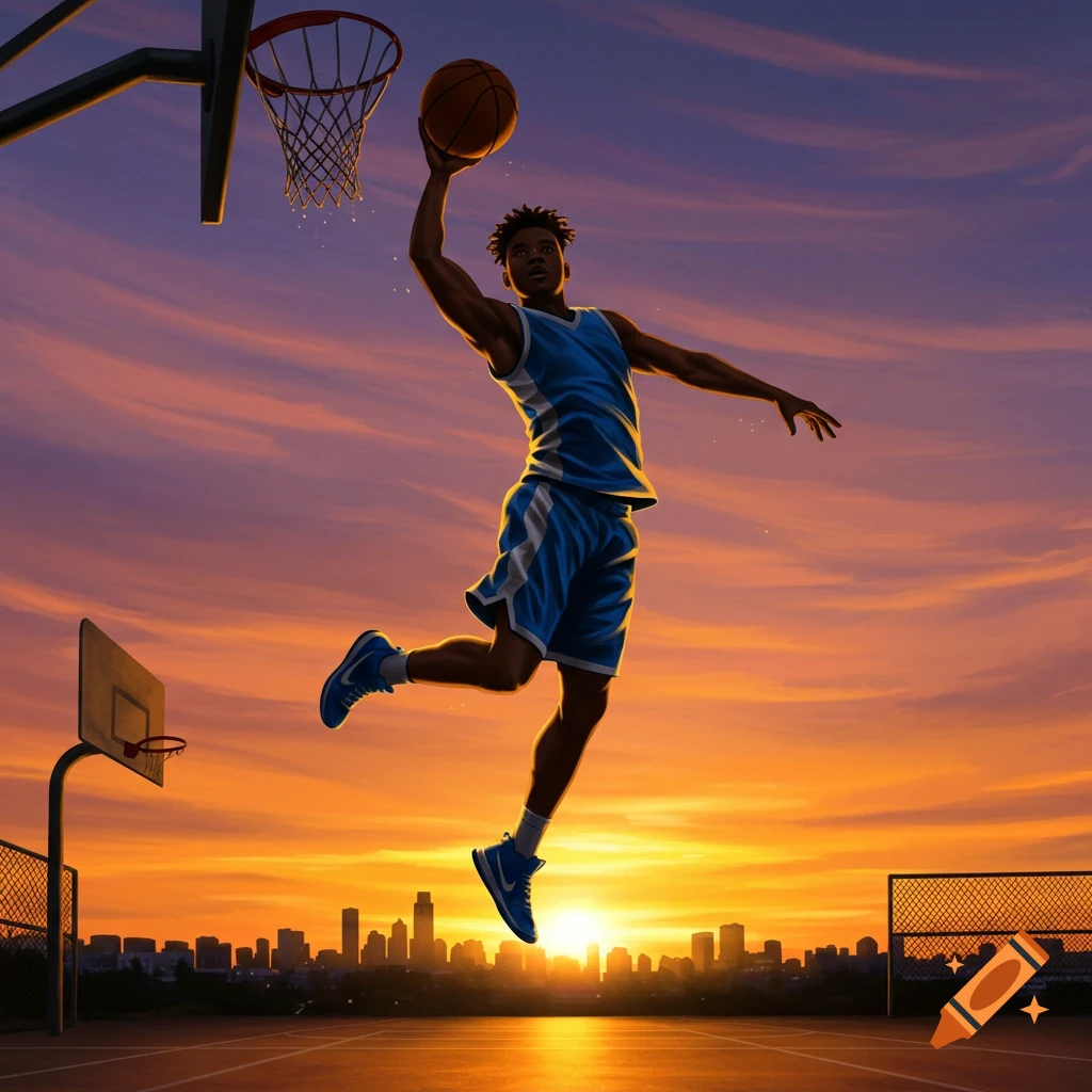 A young male basketball player in a blue uniform leaps to dunk against a vibrant orange and purple sunset with a city skyline.