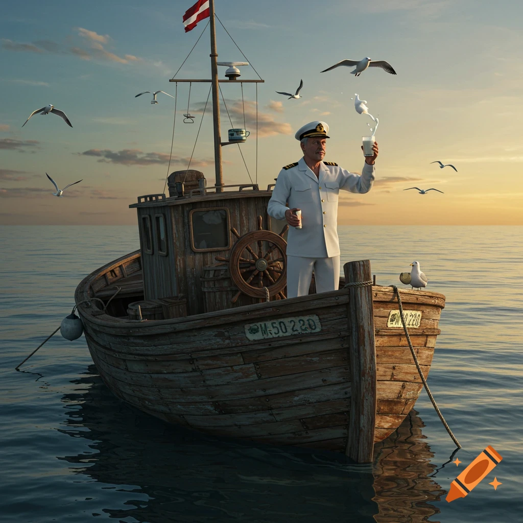 A photorealistic image of a captain in uniform on an old wooden boat at sea, pouring milk for a seagull at sunset.