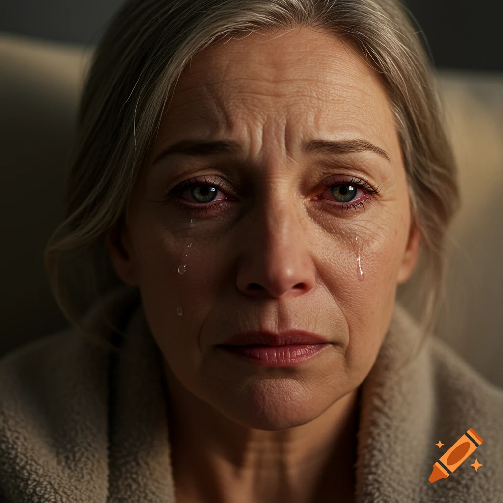 Close-up photorealistic portrait of an older woman with red eyes crying.