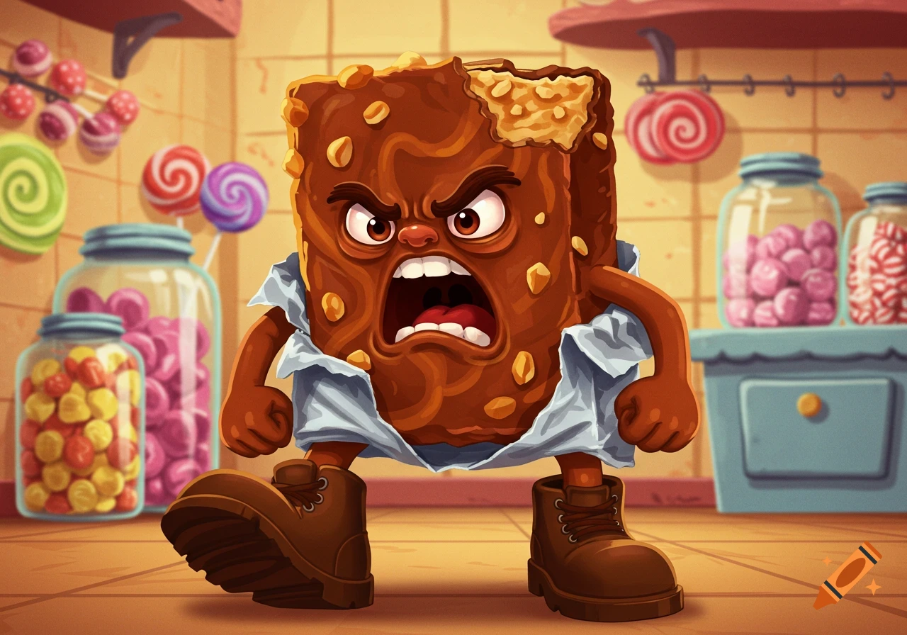 An angry, anthropomorphic chocolate bar with peanuts and boots yells inside a colorful candy shop.