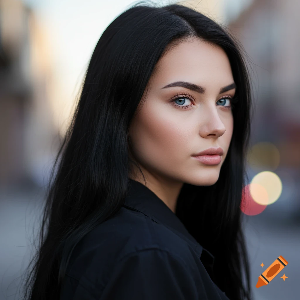 Photorealistic portrait of a young woman with long black hair, blue eyes, and pale skin, looking over her shoulder outdoors.