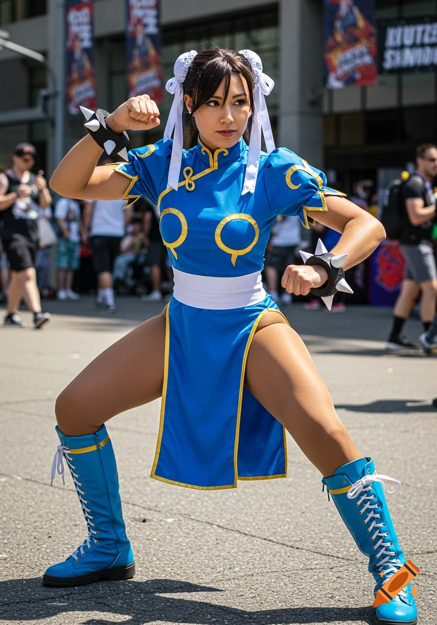 A woman cosplaying as Chun Li from Street Fighter in a blue dress with white and gold accents, striking a pose on a street.