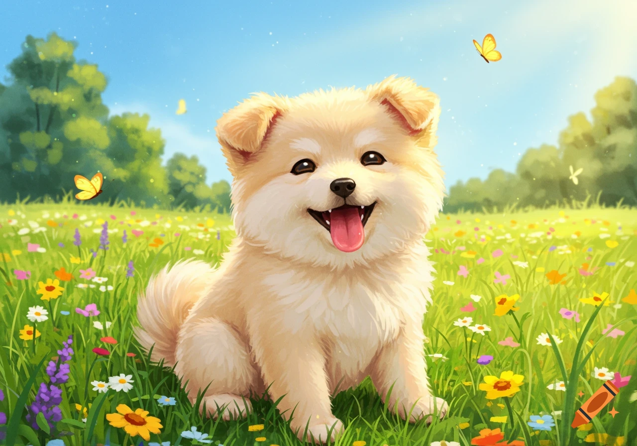 A happy cartoon puppy sits in a field of colorful wildflowers under a bright blue sky with butterflies.