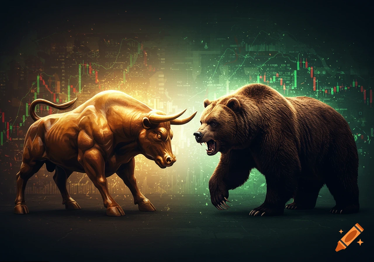 A photorealistic depiction of a golden bull and a brown bear facing off, with stock market charts in the background.
