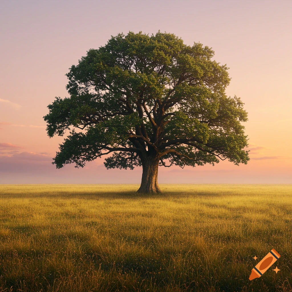 A solitary tree stands in a golden field under a pastel sky at sunset.