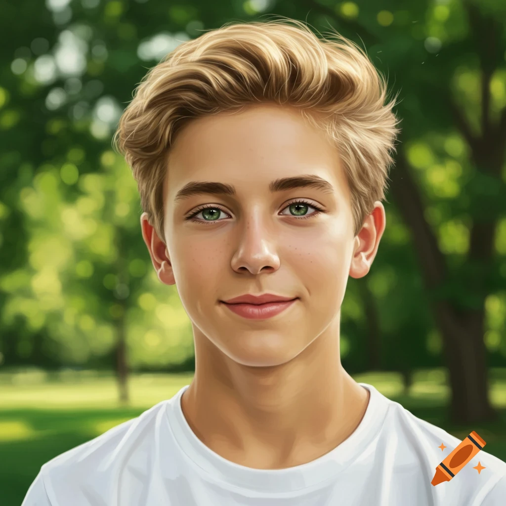 Close-up portrait of a young man with blonde hair and green eyes, smiling slightly, outdoors.