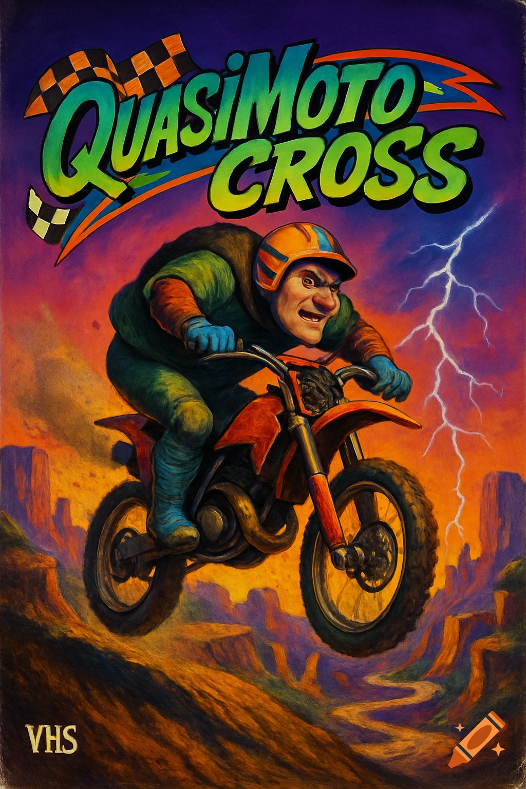 A retro VHS cover illustration of a hunchbacked man on a dirt bike, mid-air, over a canyon with lightning. Text: QuasiMotoCross, VHS.