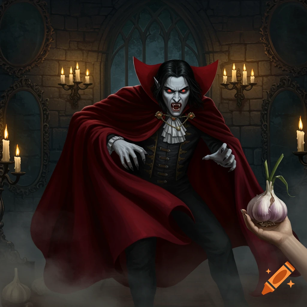 A menacing vampire in a red cape reacts to a hand holding garlic in a dark, gothic room. Illustrated art.