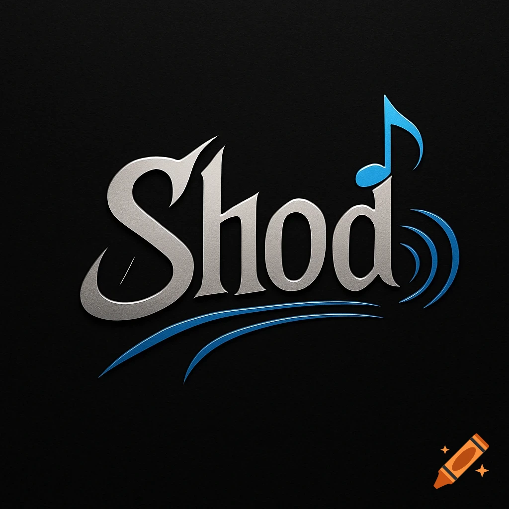 A silver metallic logo for 'Shod' featuring a blue musical note and sound waves on a black background.
