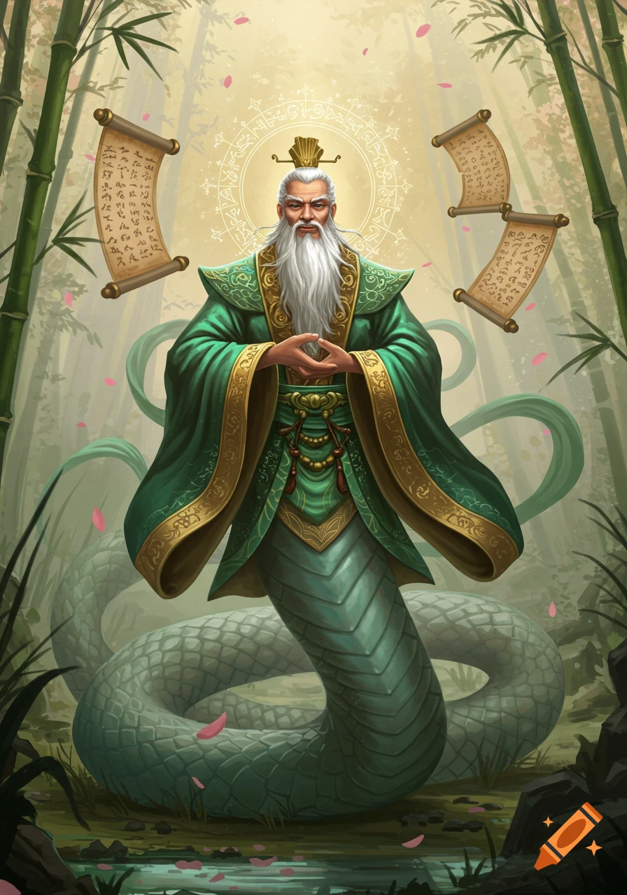 A white-bearded man with a snake lower body, wearing green and gold robes, stands in a bamboo forest with floating scrolls.