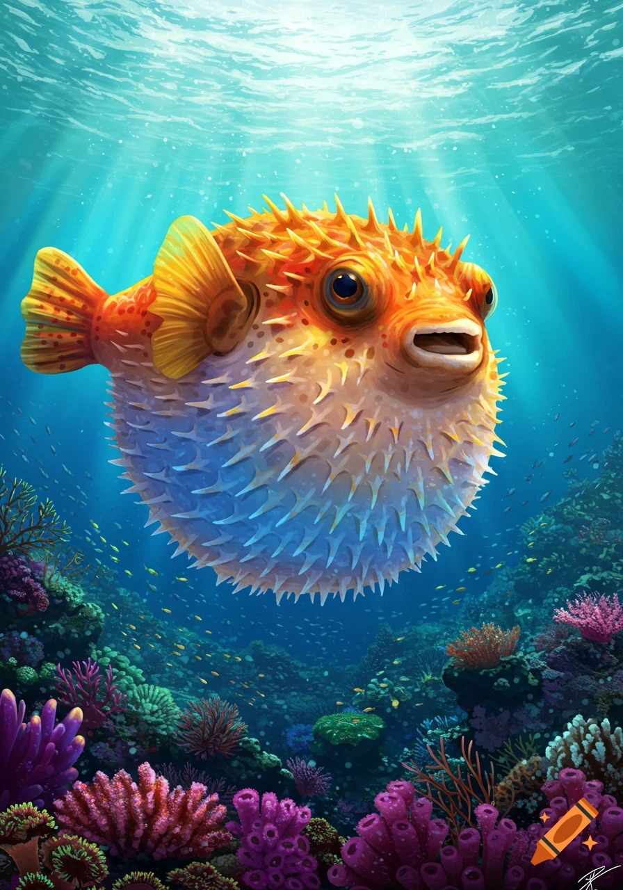 A colorful, cheerful pufferfish swims above a vibrant coral reef with small fish and sunlight filtering through the water. Illustration style.