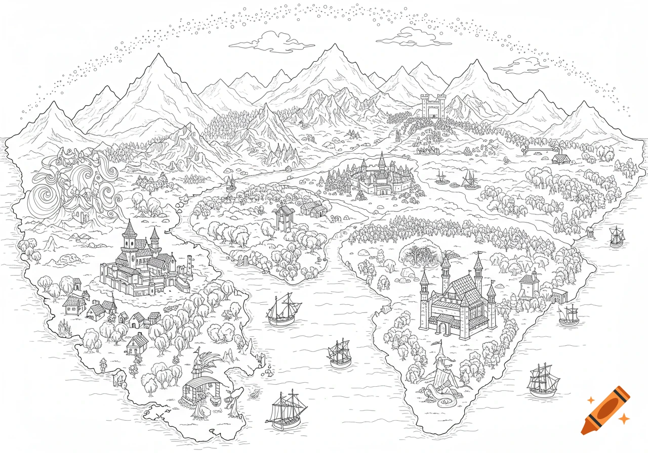 A detailed black and white line art map of a fantastical continent with mountains, forests, castles, and ships.