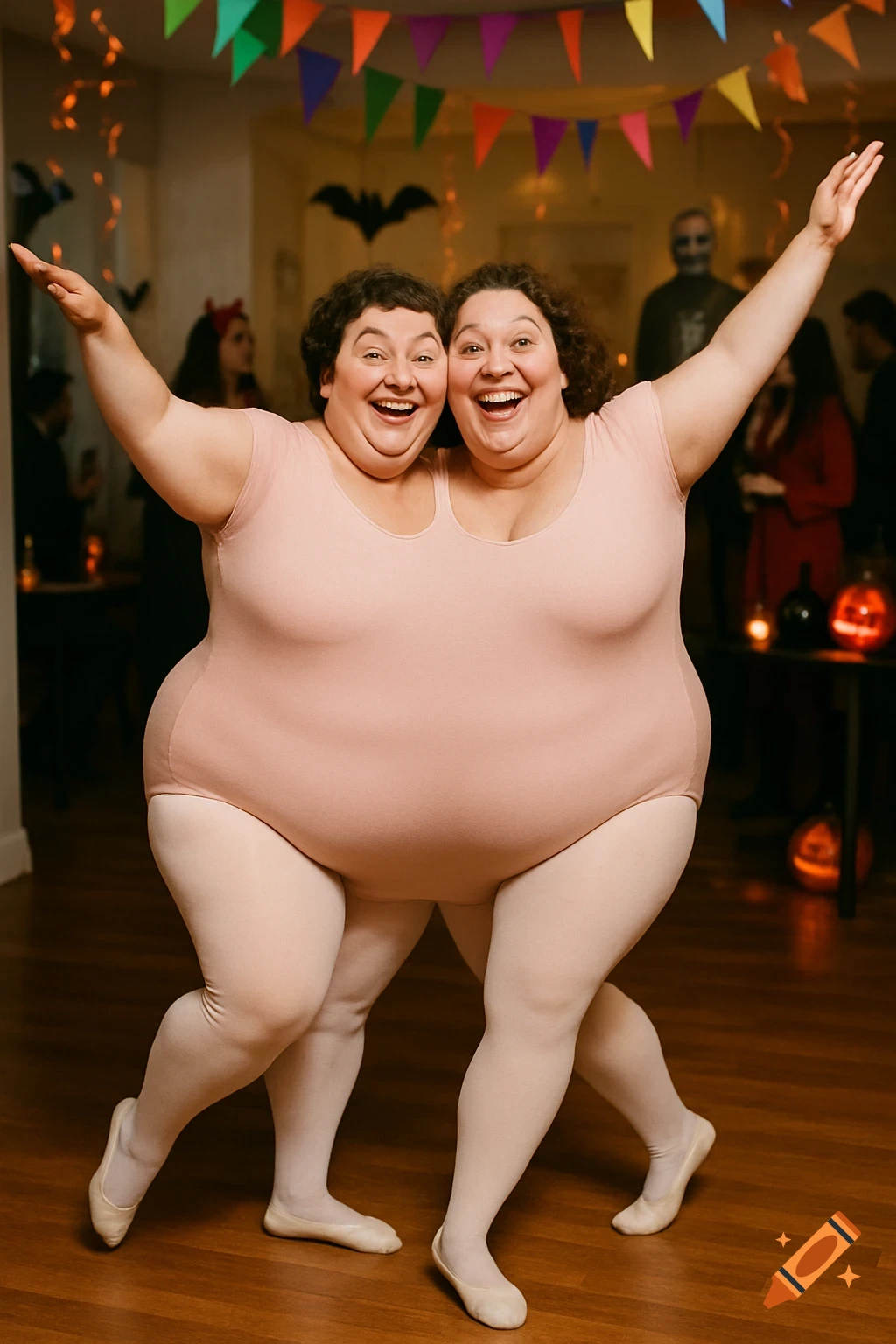 Two smiling women in a conjoined pastel pink leotard and white tights pose like ballet dancers at a Halloween party.