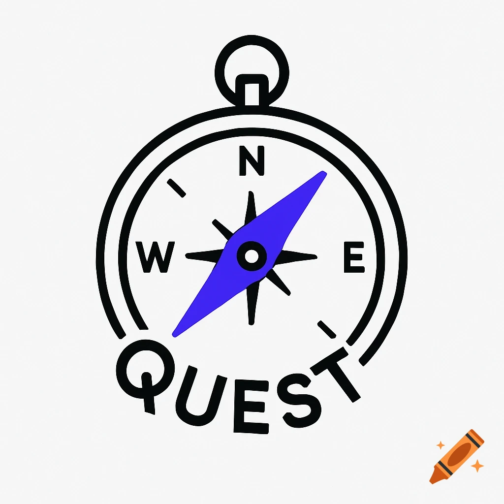 A black outline compass with a blue needle pointing north and the word 'QUEST' written below it.
