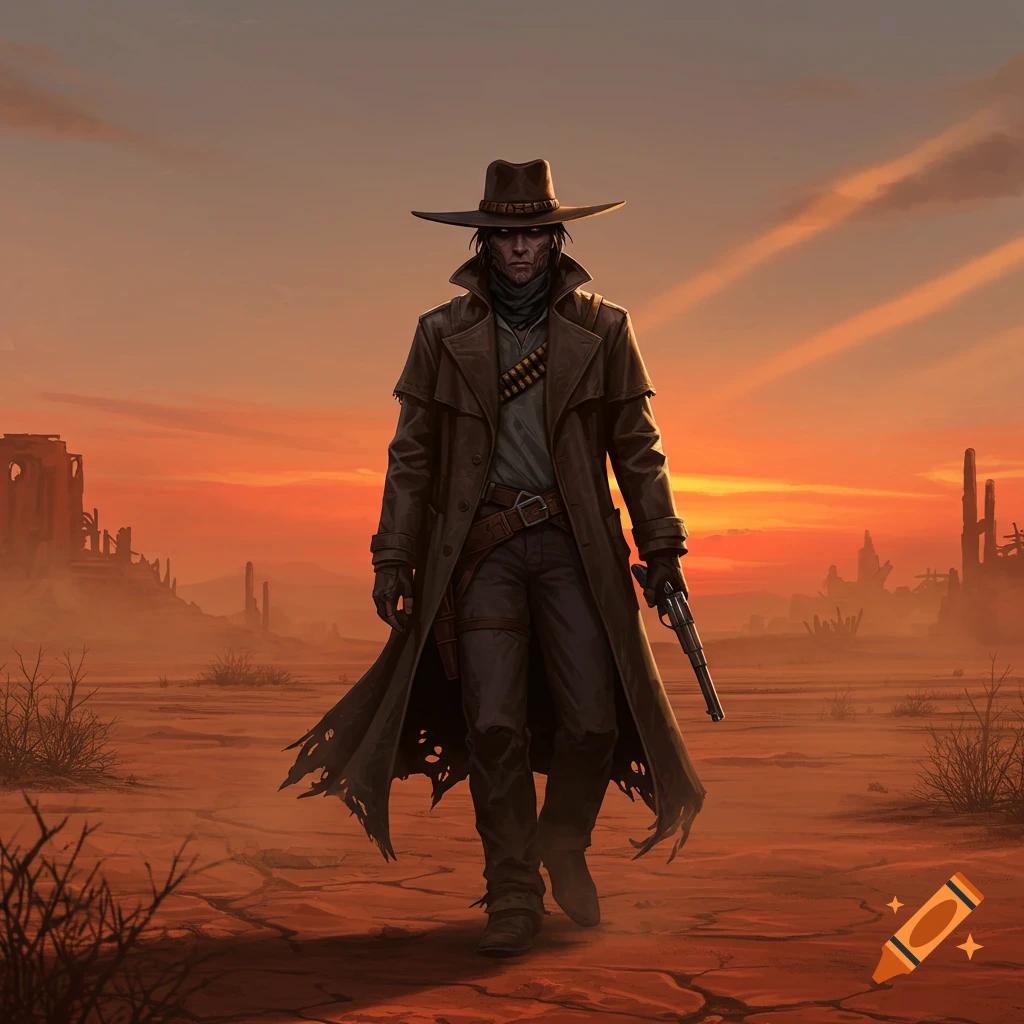 A lone, dark-clad cowboy walks through a desolate, dusty desert at sunset, holding a pistol, in an illustrated style.