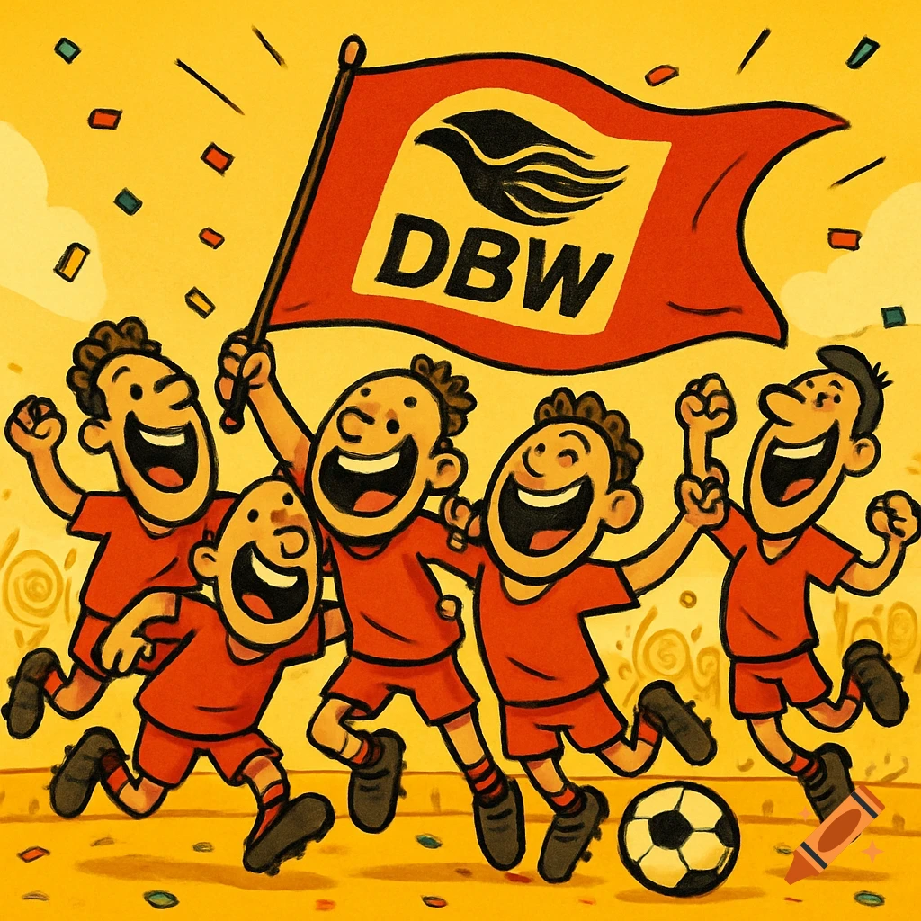 A cartoon soccer team in red jerseys celebrates with a ball and a flag featuring a bird logo and 'DBW' text, with confetti.