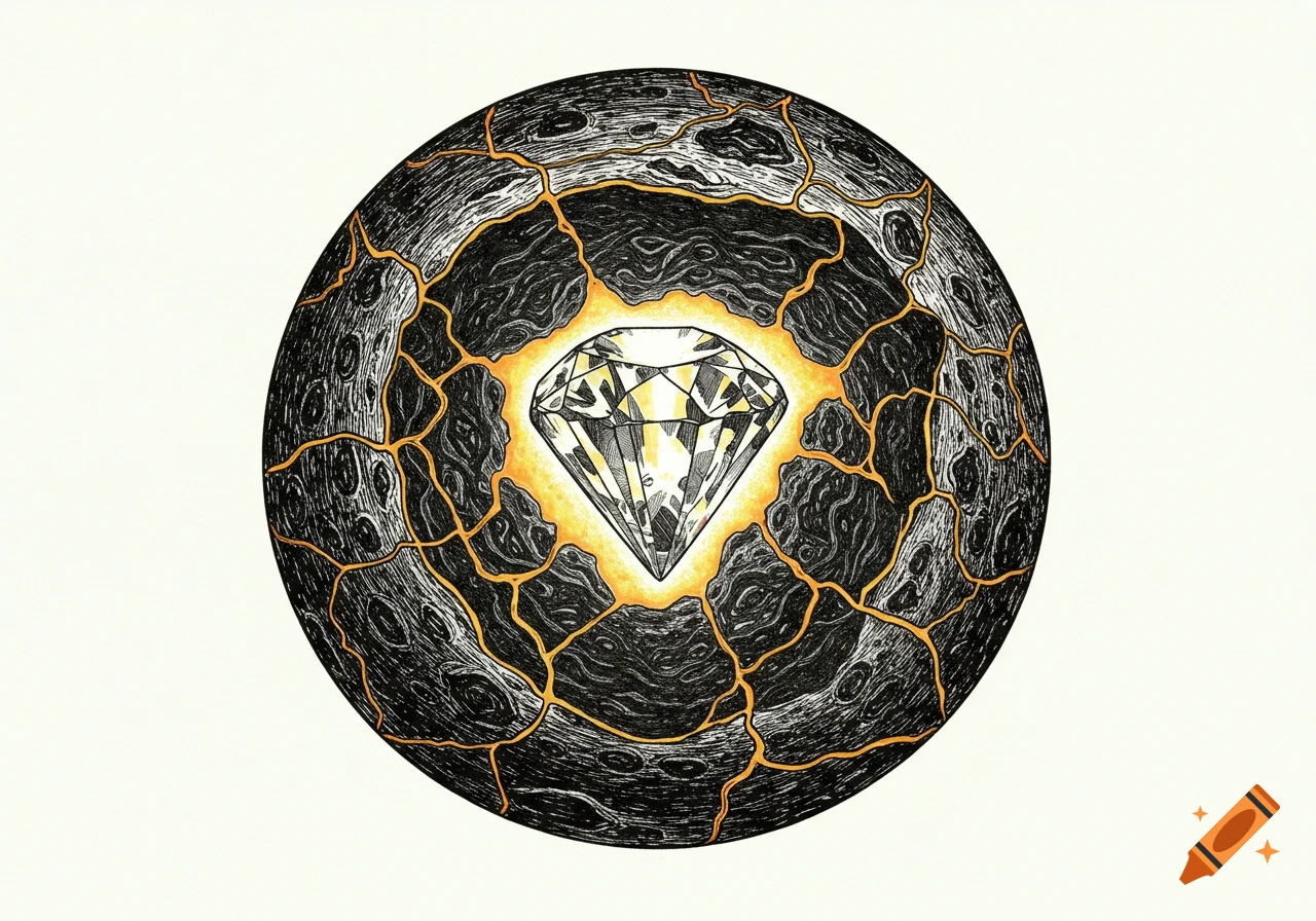 A faceted diamond inside a cracked, dark spherical object with glowing orange lines, in a black and white printmaking style.