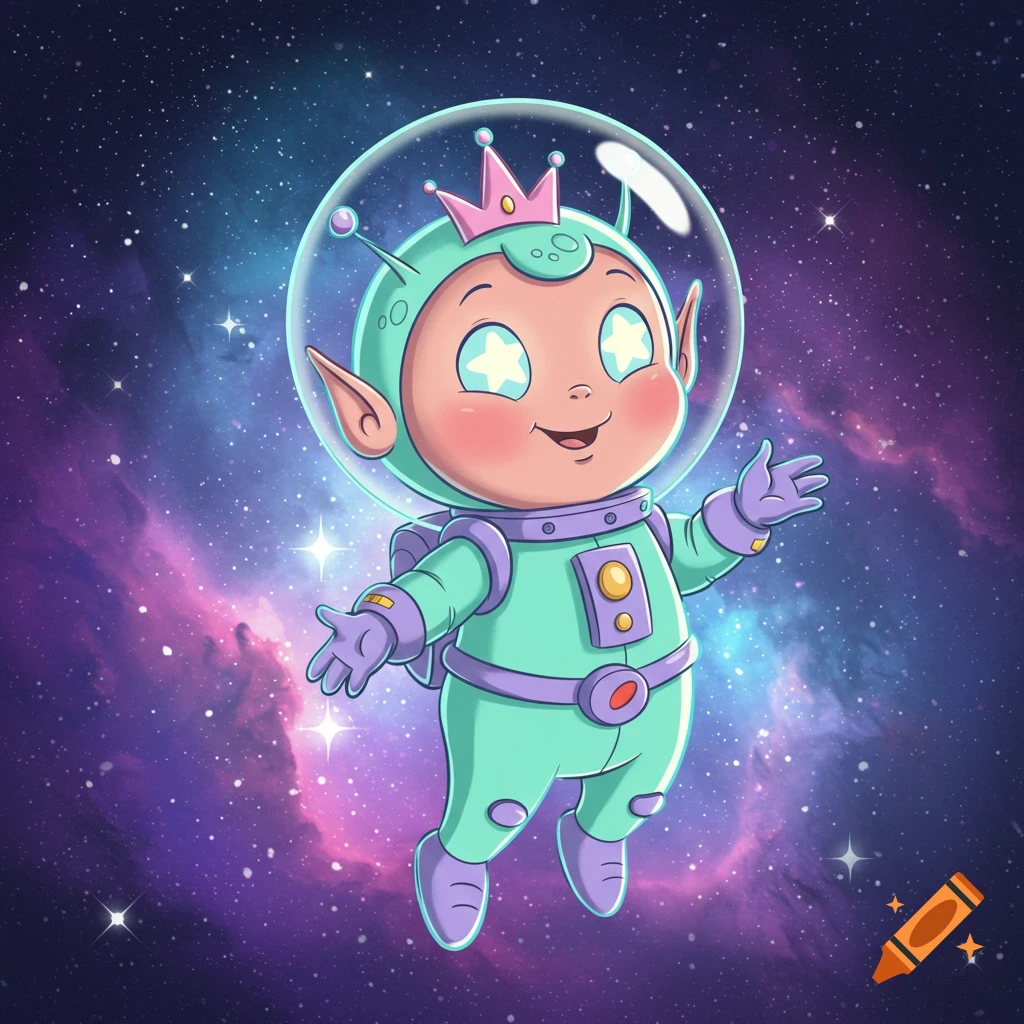 A cute, cartoon alien in a mint green spacesuit with a pink crown and star-shaped eyes, floating in a vibrant purple and blue galaxy.