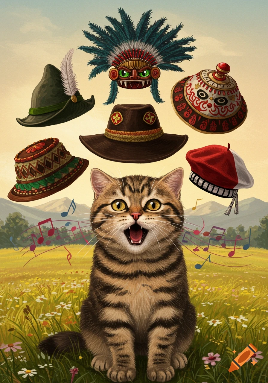 A tabby cat meows in a field of flowers, surrounded by various cultural hats including a feathered headdress, Bavarian hat, and beret, in an illustrative style.