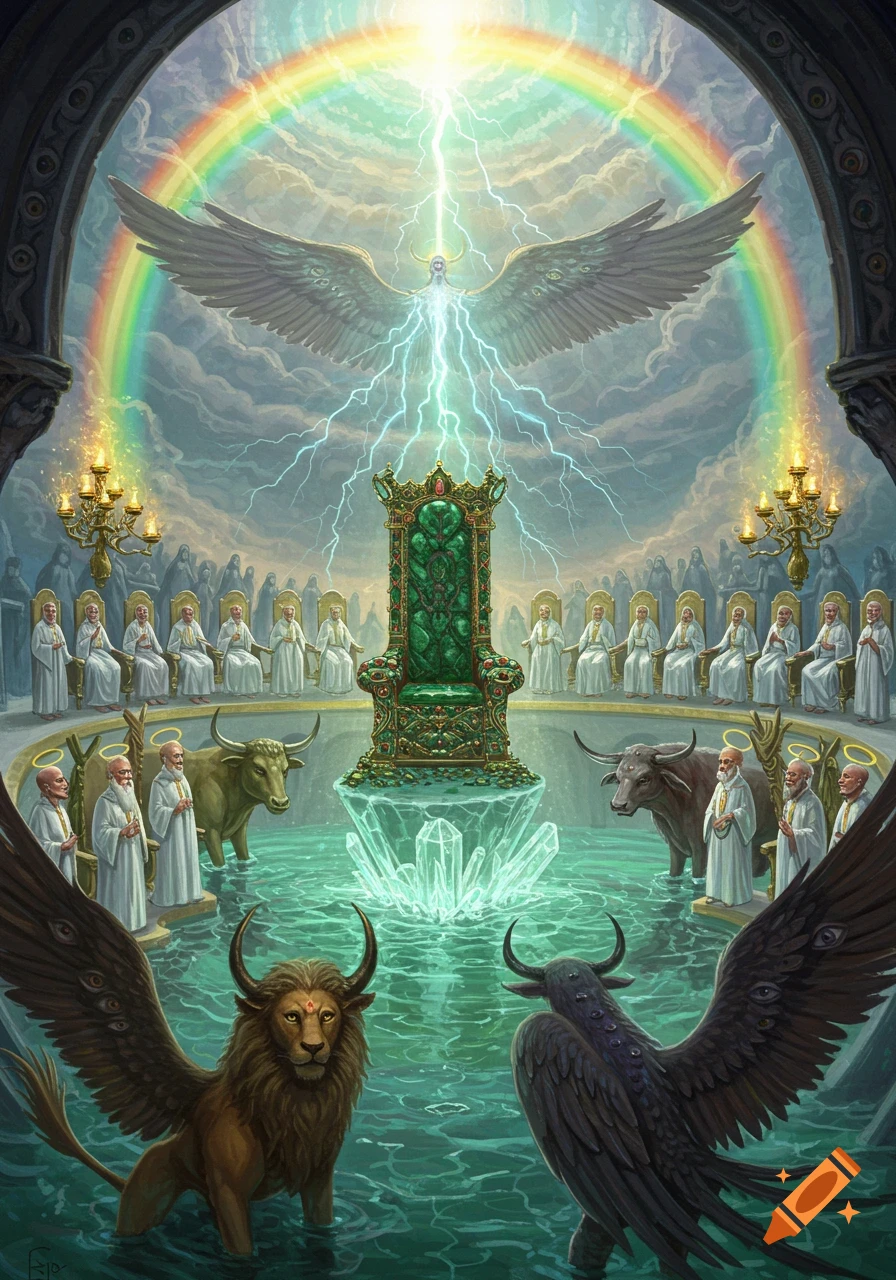 An epic fantasy illustration of a celestial throne room with a giant green throne, elders, mythical beasts, and an angel emitting lightning.