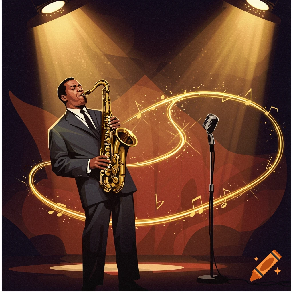 A jazz musician in a suit plays a saxophone on a spotlighted stage, with musical notes swirling around him.