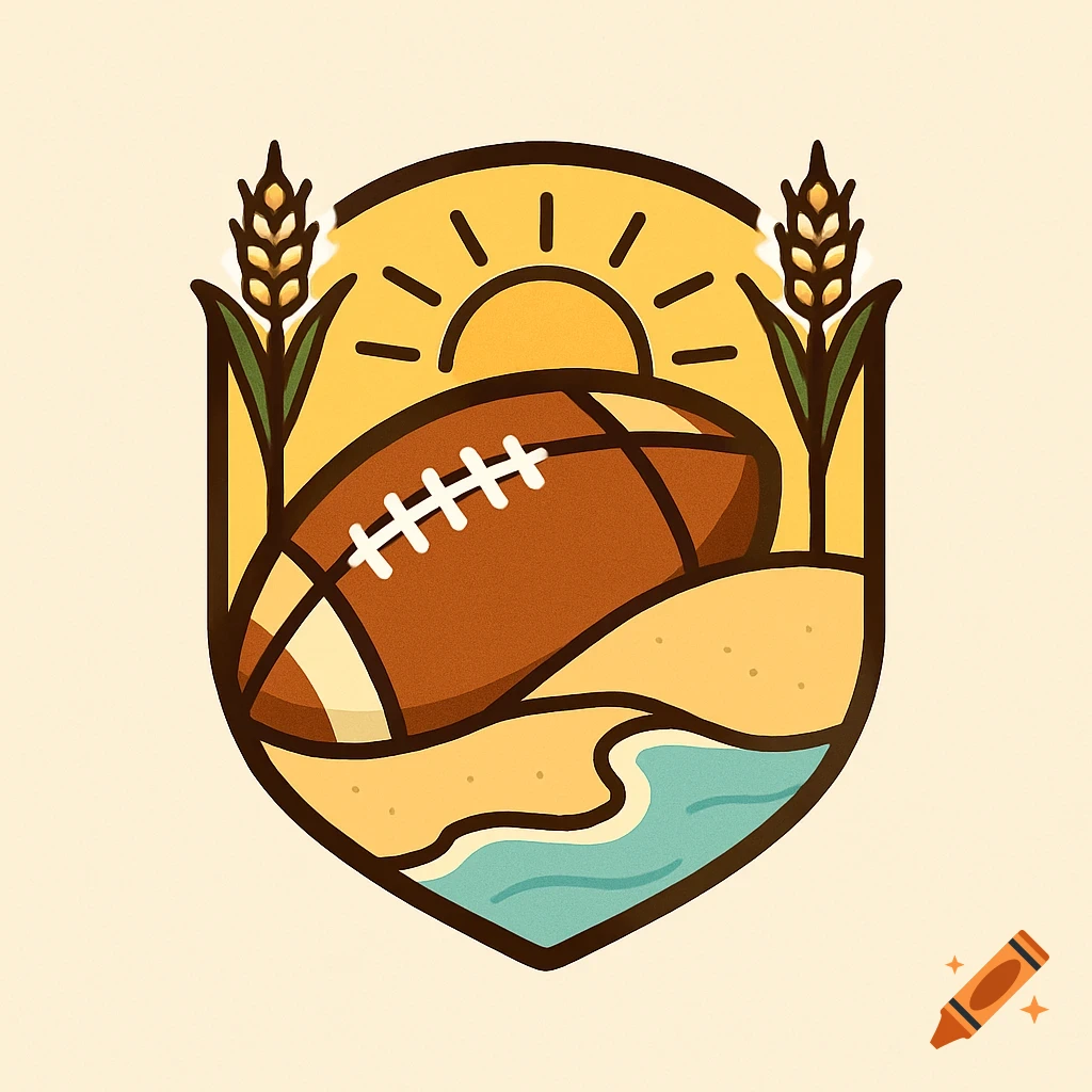 A stylized football logo with a sun, beach, ocean waves, and wheat stalks inside a shield.