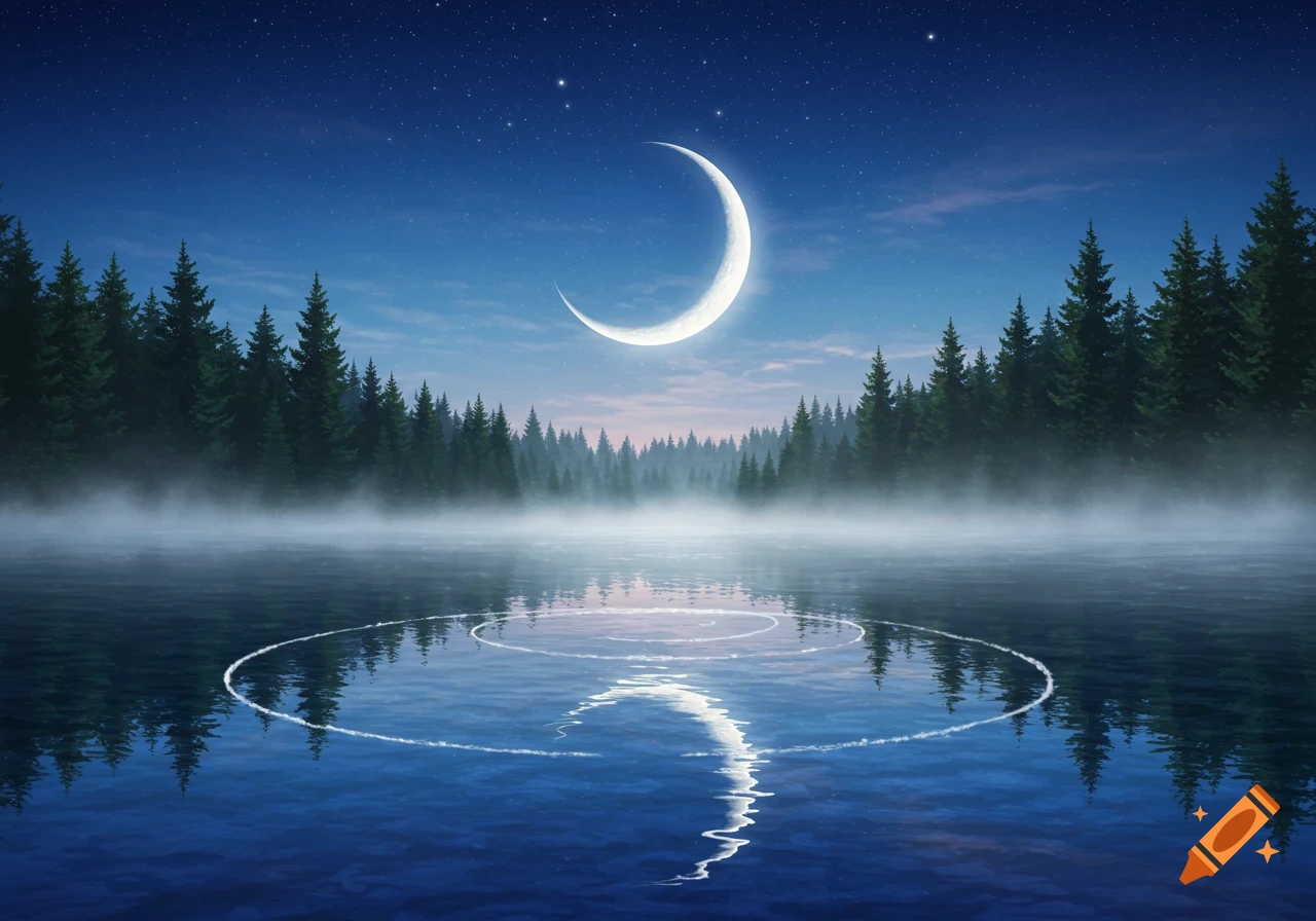 A crescent moon shines brightly over a tranquil lake reflecting the night sky, surrounded by a dense pine forest with mist rising from the water.