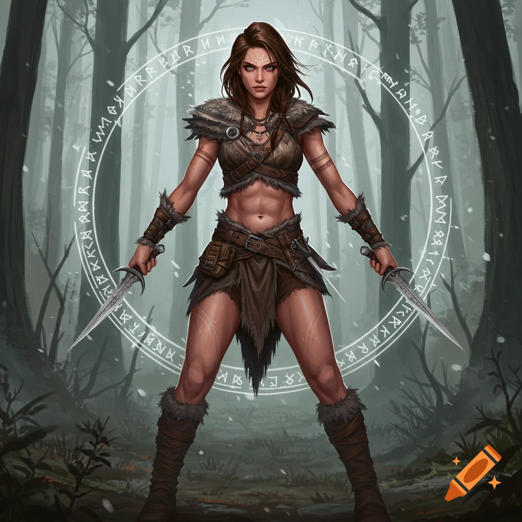 A fit female warrior in leather and fur clothing holds two daggers in a snowy forest, surrounded by a glowing runic circle.