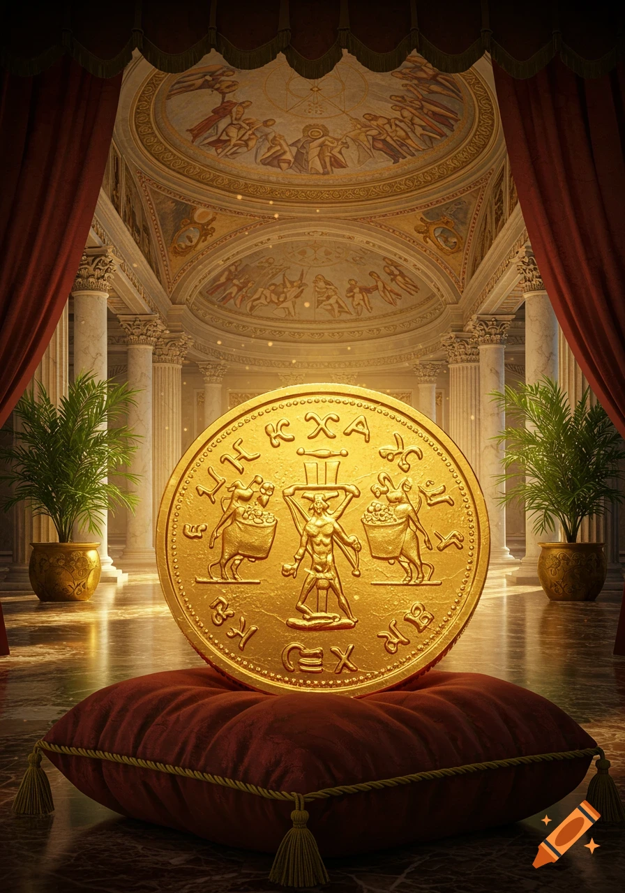 A massive golden coin with an embossed figure and text rests on a red velvet cushion in a grand, ornate hall with pillars and painted ceilings.