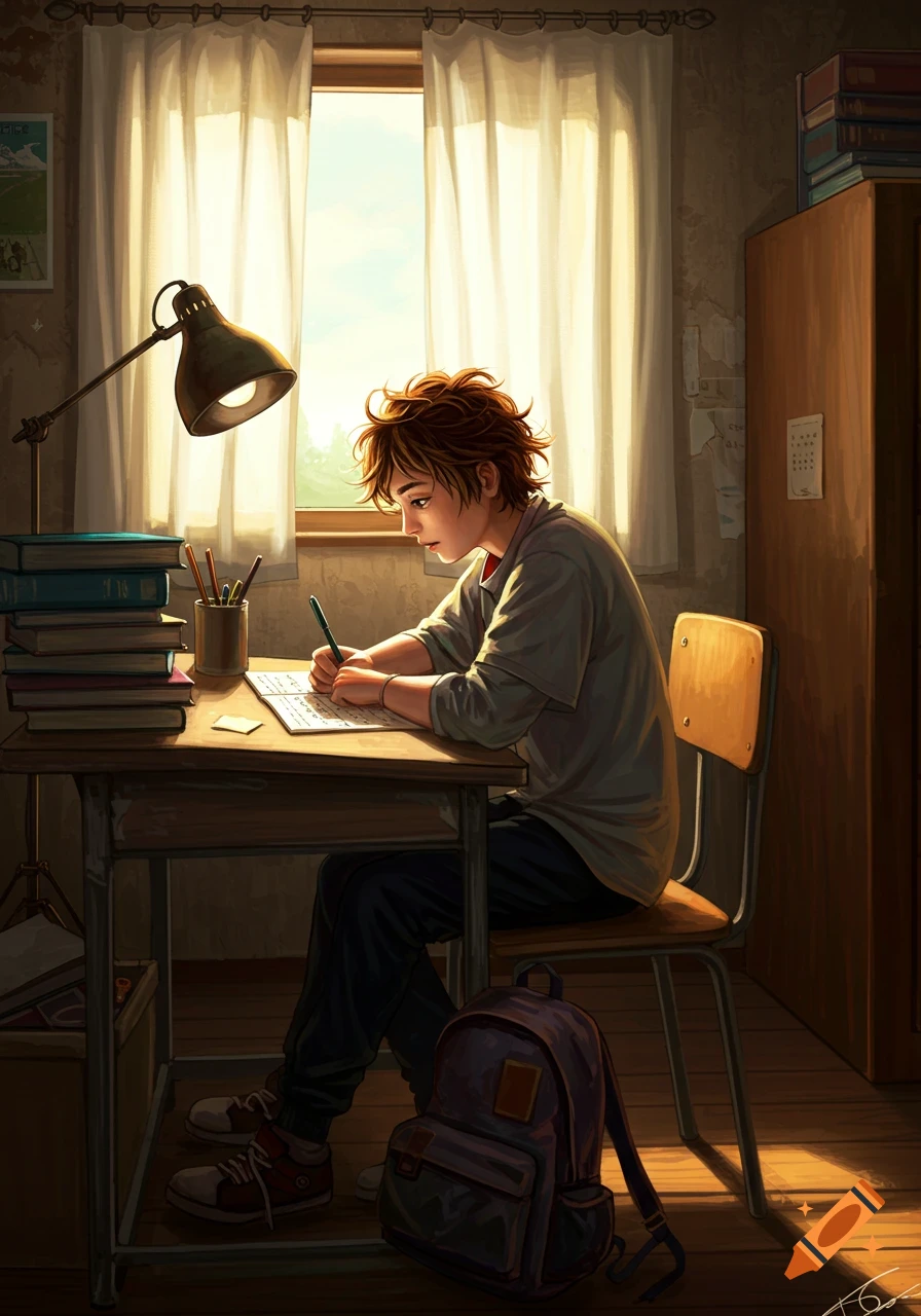An anime-style illustration of a student with messy brown hair diligently writing on paper at a wooden desk in a sunlit room.
